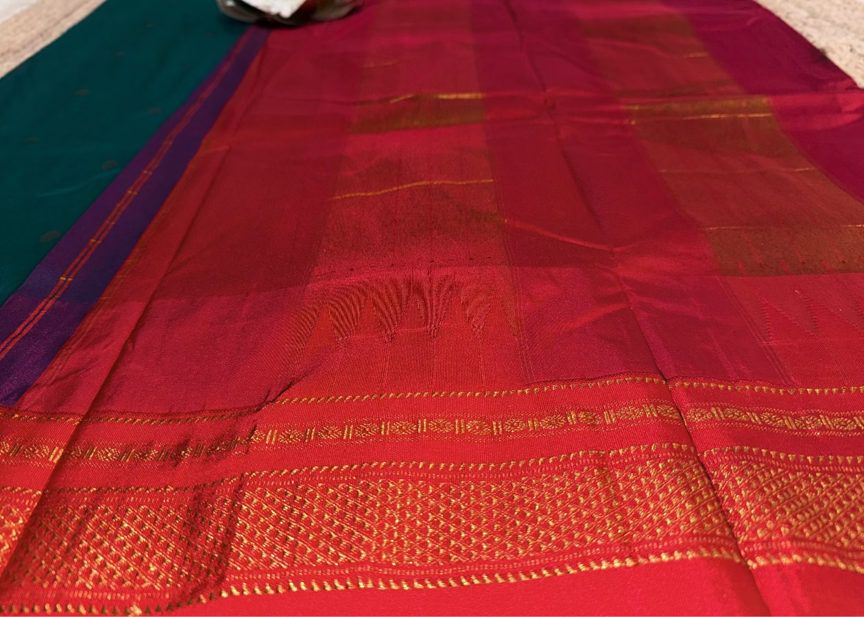 Peacock Green and Red Ilkal Silk Cotton Saree - Karnataka