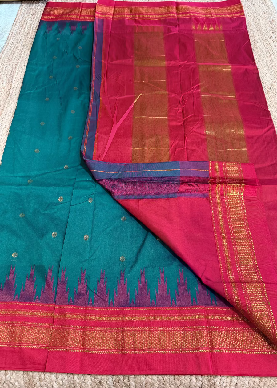 Peacock Green and Red Ilkal Silk Cotton Saree - Karnataka
