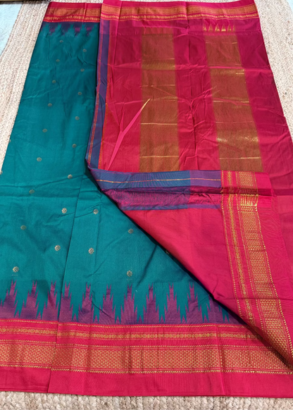 Peacock Green and Red Ilkal Silk Cotton Saree - Karnataka