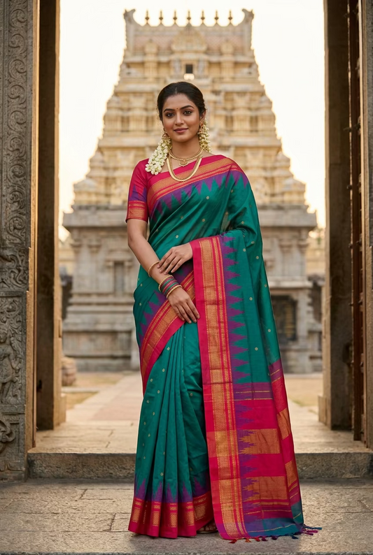 Peacock Green and Red Ilkal Silk Cotton Saree - Karnataka