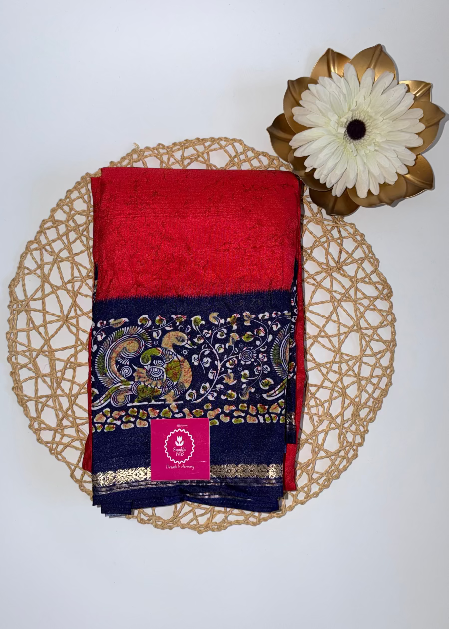 Reddish Pink and Blue Semi Silk Saree - Casual