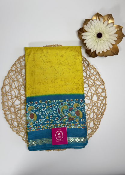 Yellow and Rama Green Semi Silk Saree - Casual