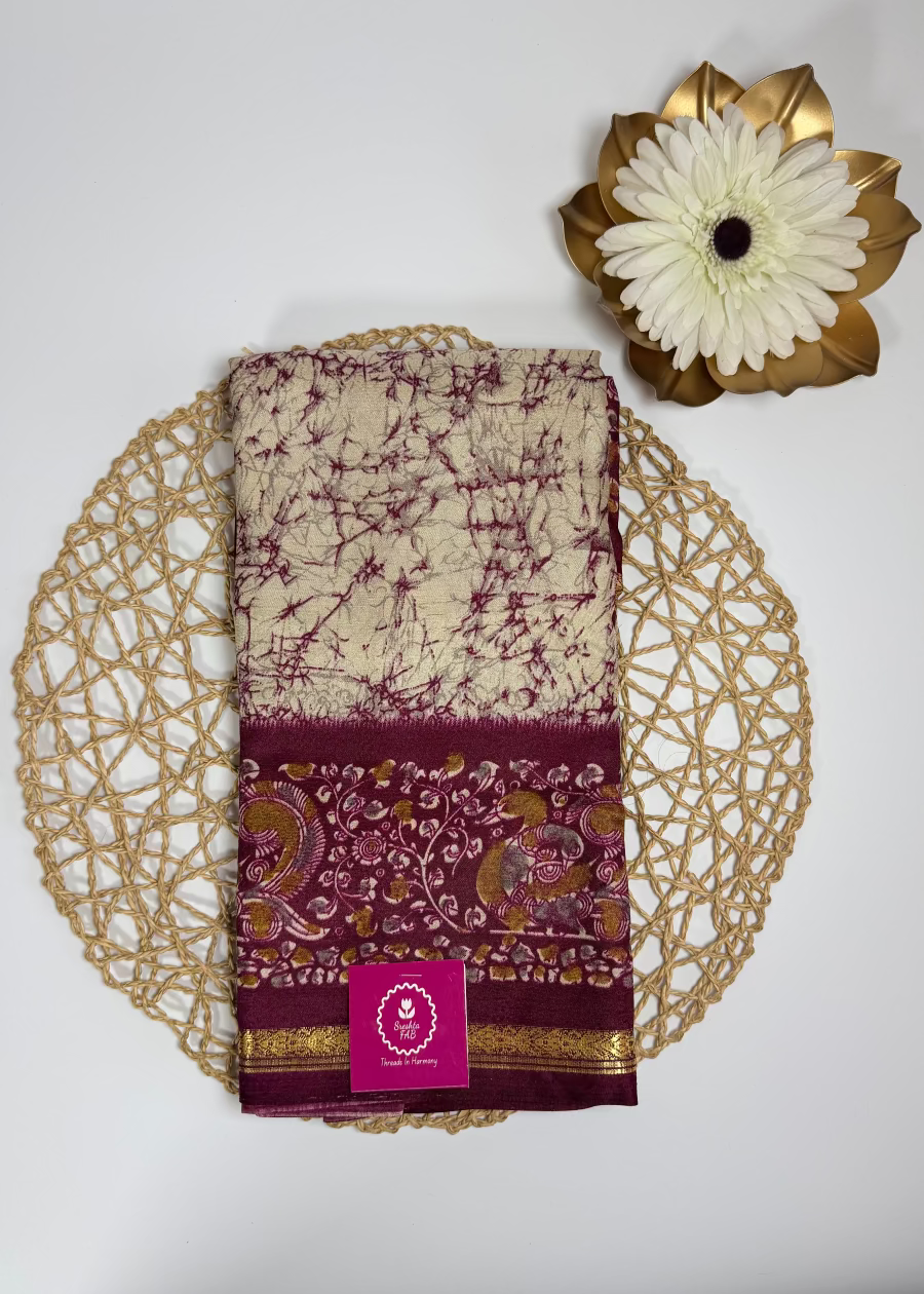 Beige and Maroon Semi Silk Saree - Casual