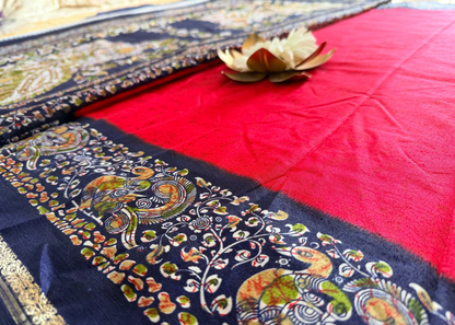 Reddish Pink and Blue Semi Silk Saree - Casual
