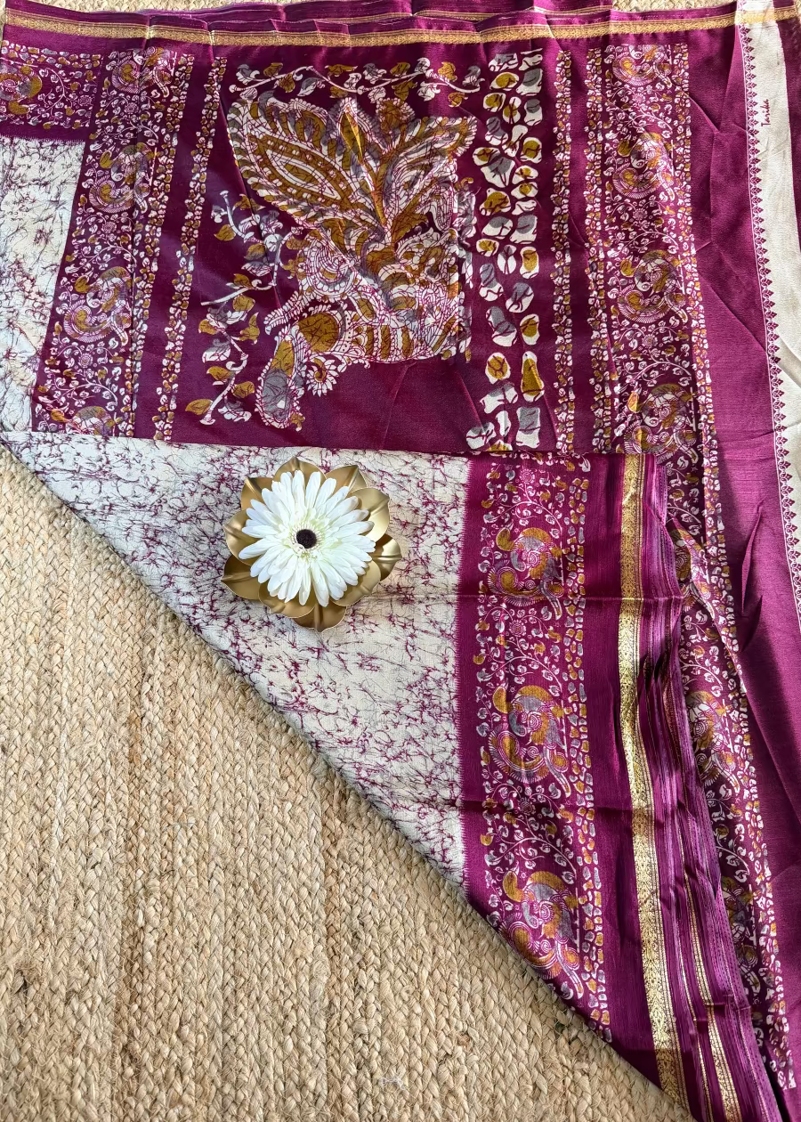 Beige and Maroon Semi Silk Saree - Casual