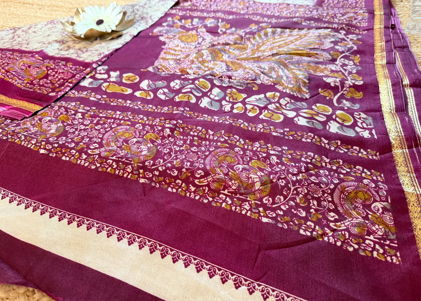 Beige and Maroon Semi Silk Saree - Casual