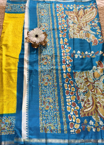 Yellow and Rama Green Semi Silk Saree - Casual