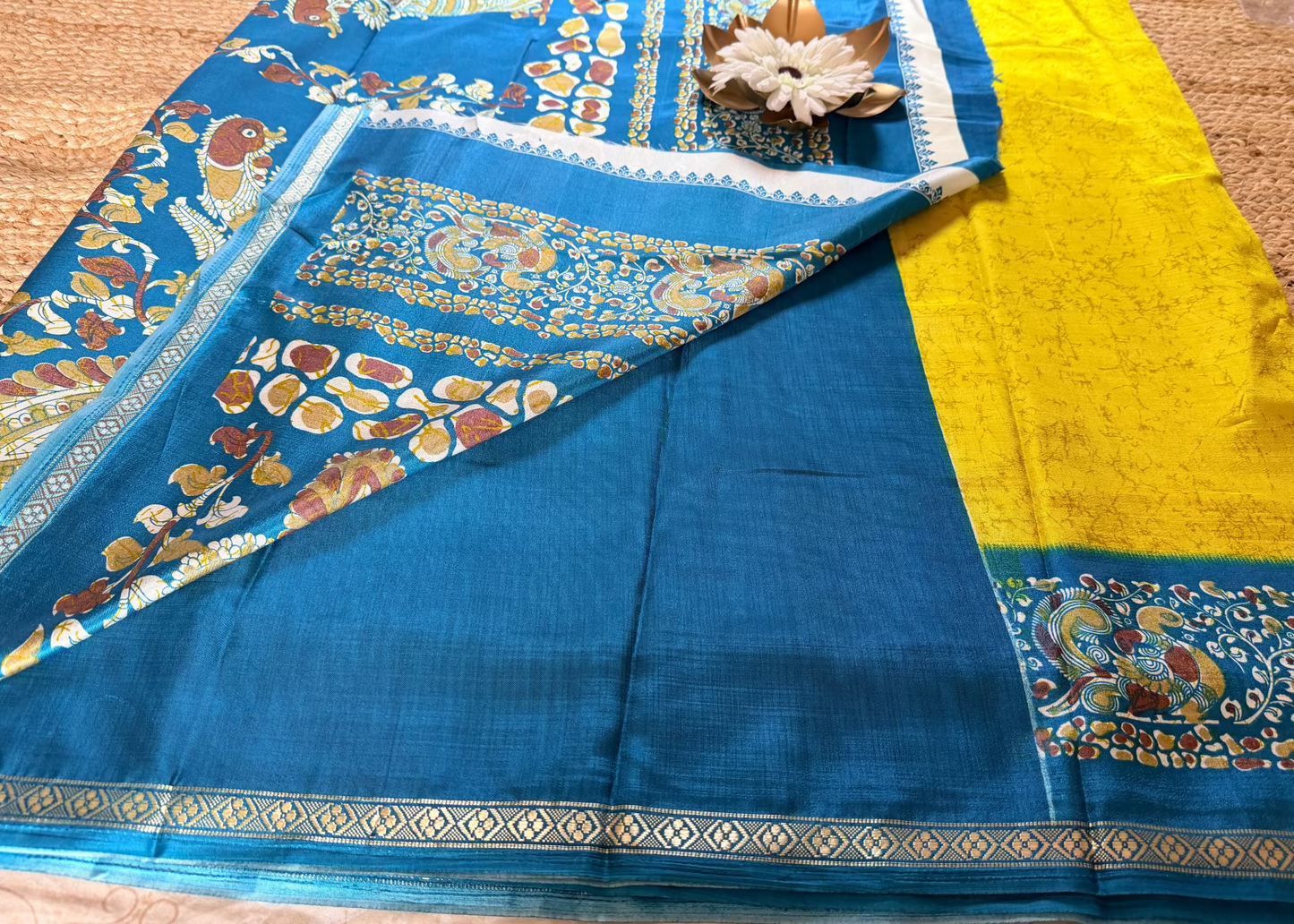 Yellow and Rama Green Semi Silk Saree - Casual