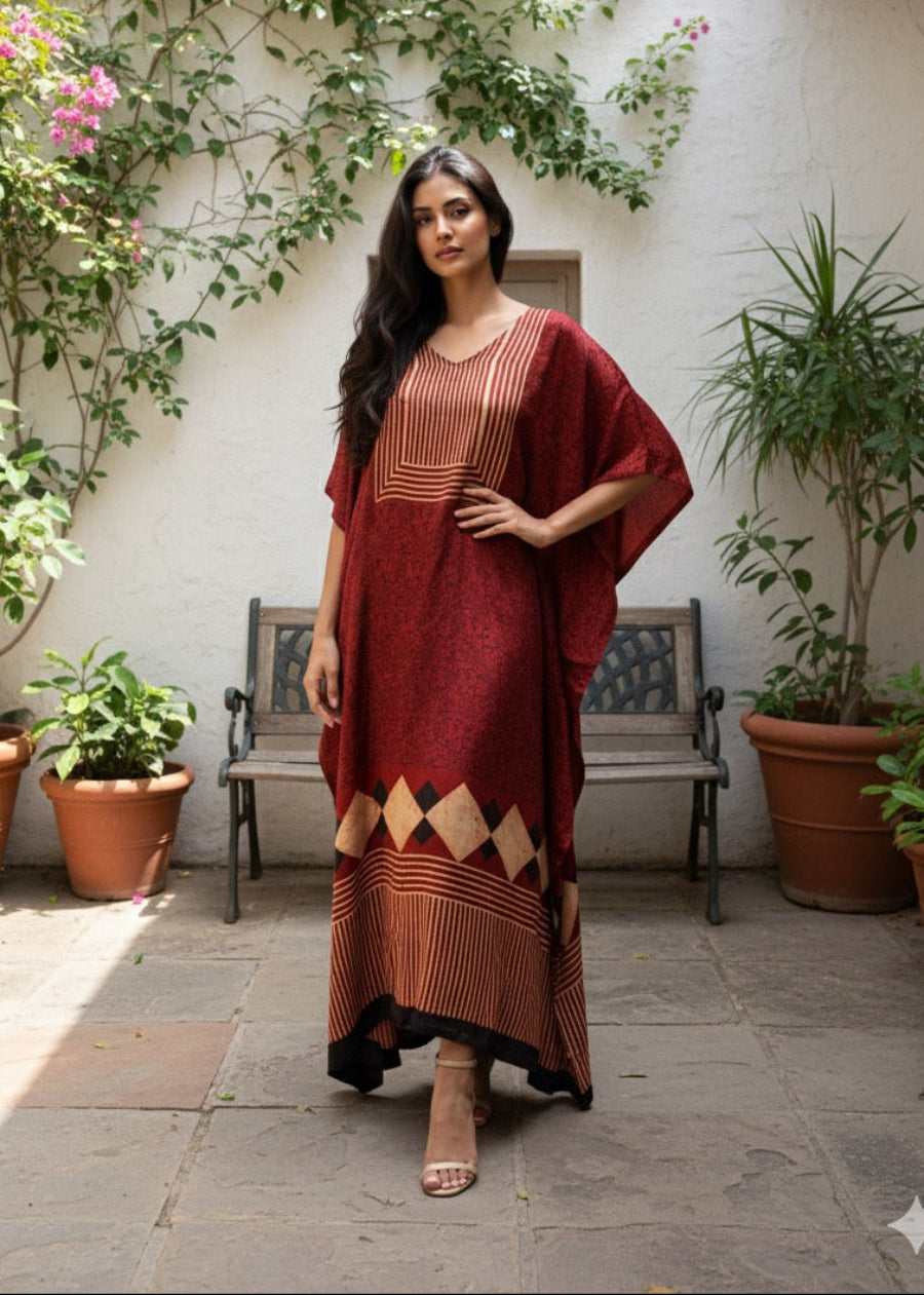 Pure Modal Silk Kaftan Gown - Maroon Colour