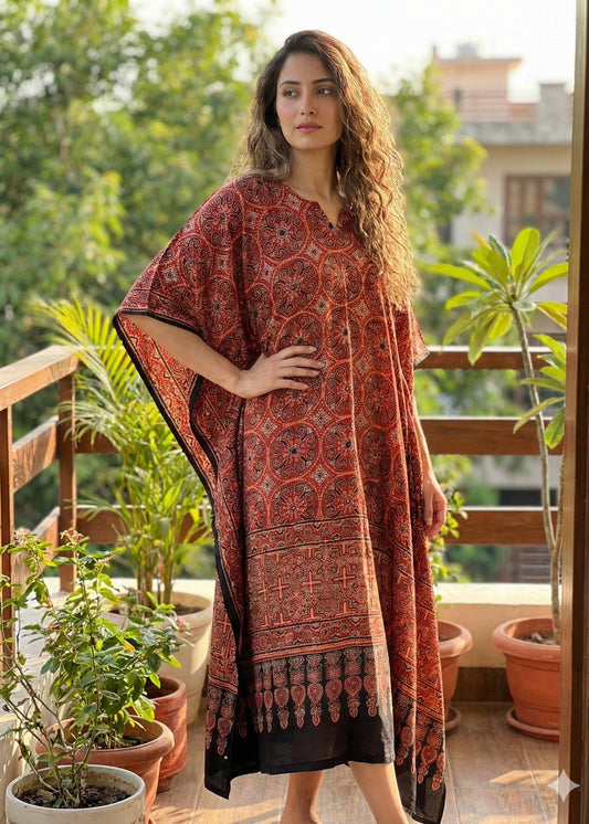 Pure Modal Silk Kaftan Gown - Red and Black