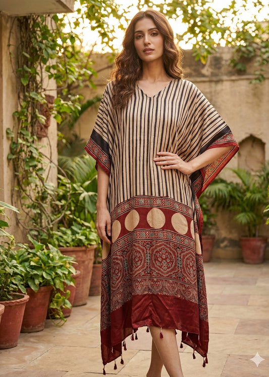Pure Modal Silk Kaftan Gown - Beige, Maroon and Black