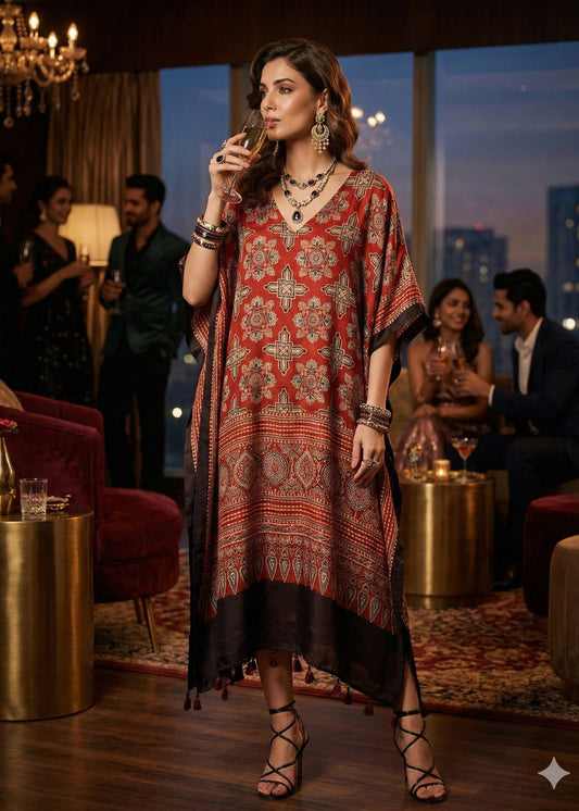 Pure Modal Silk Kaftan Gown - Brick Red and Black
