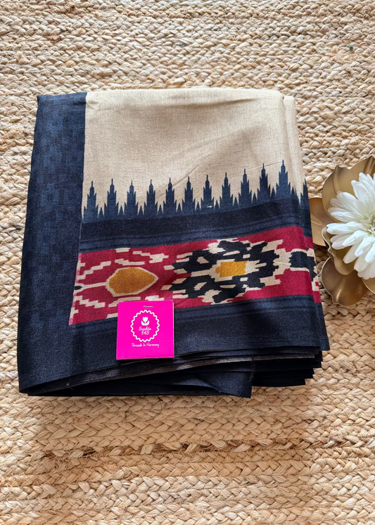 Beige and Black Saree-Casual