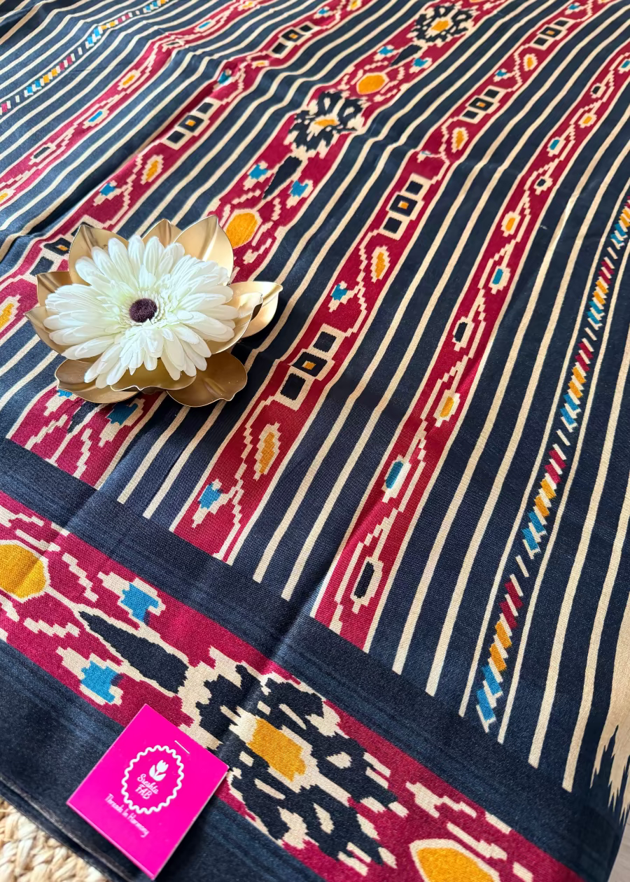 Beige and Black Saree-Casual