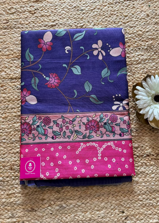 Dark Pink and Blue Kalamkari Saree-Casual