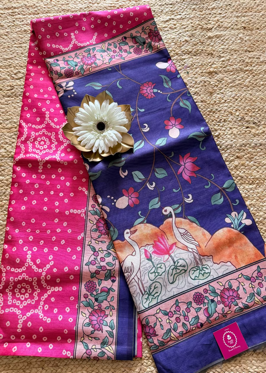 Dark Pink and Blue Kalamkari Saree-Casual