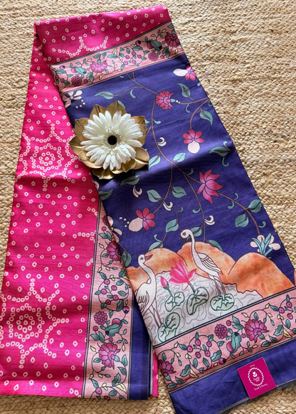 Dark Pink and Blue Kalamkari Saree-Casual