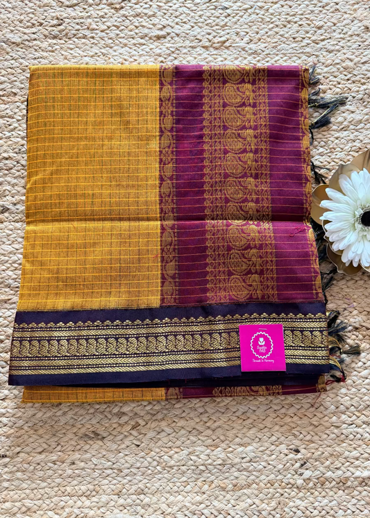 Golden Yellow and Magenta Kalyani Cotton Silk Saree- TN