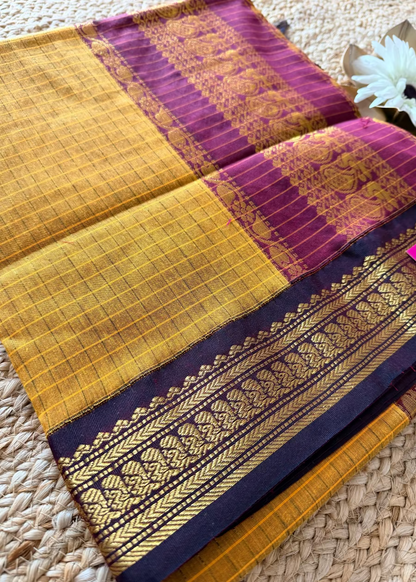 Golden Yellow and Magenta Kalyani Cotton Silk Saree- TN