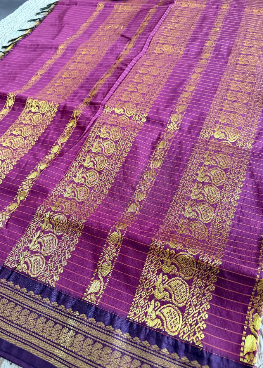 Golden Yellow and Magenta Kalyani Cotton Silk Saree- TN