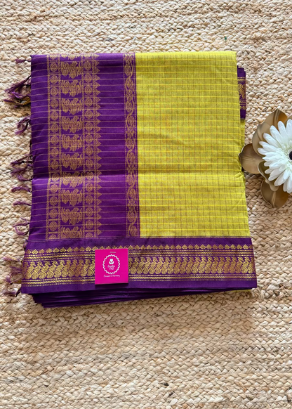 Lemon Green and Violet Kalyani Cotton Silk Saree- TN