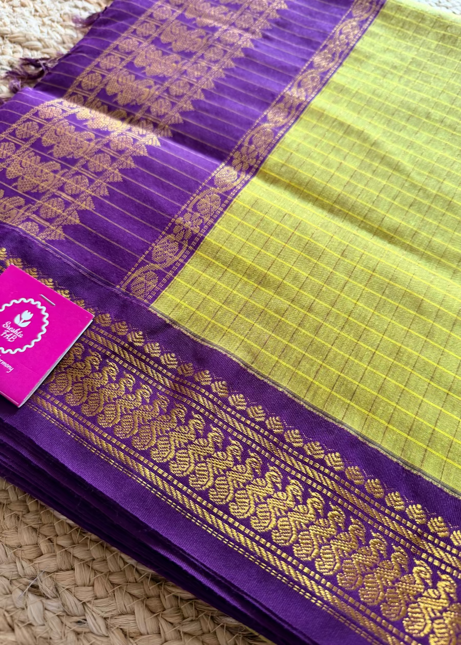 Lemon Green and Violet Kalyani Cotton Silk Saree- TN