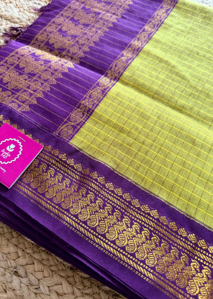 Lemon Green and Violet Kalyani Cotton Silk Saree- TN