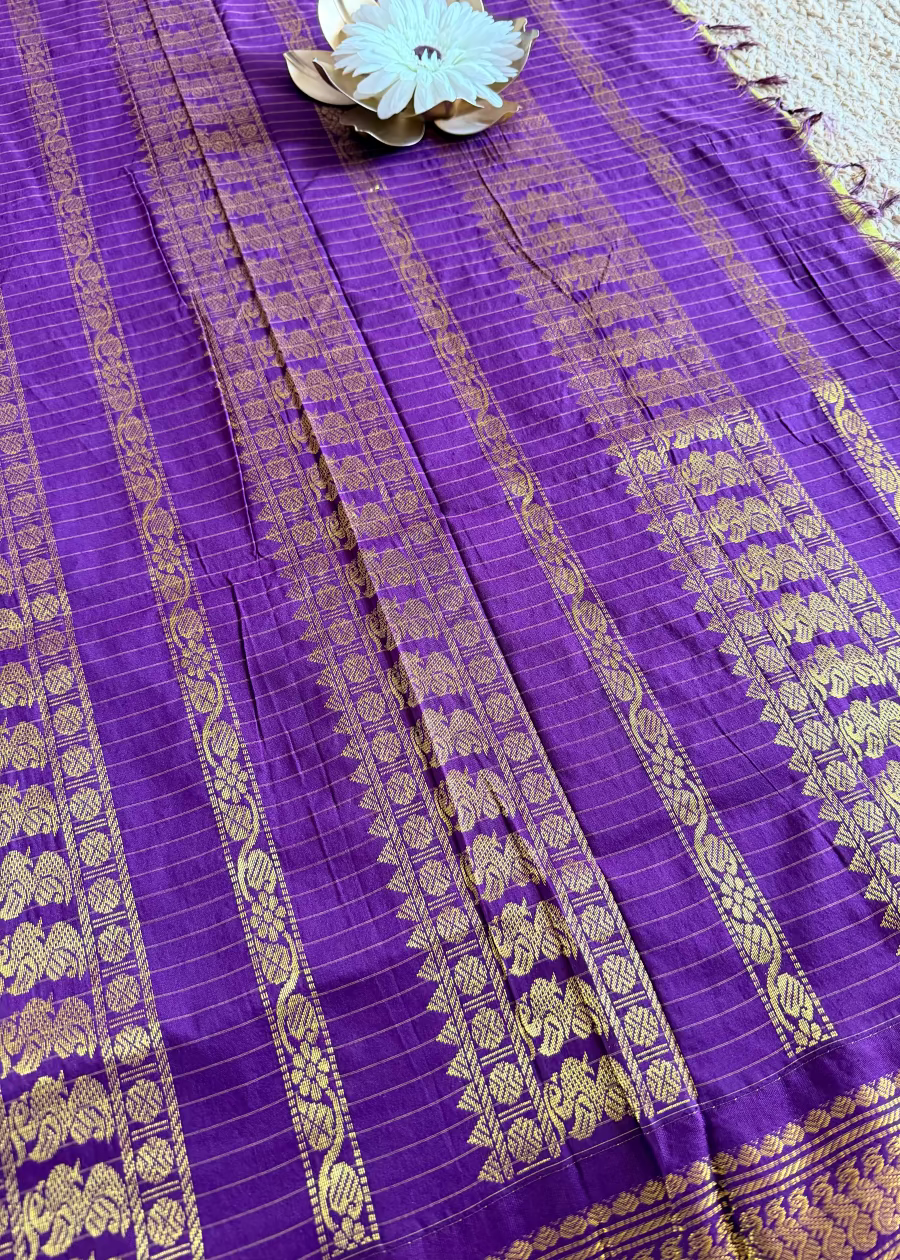 Lemon Green and Violet Kalyani Cotton Silk Saree- TN