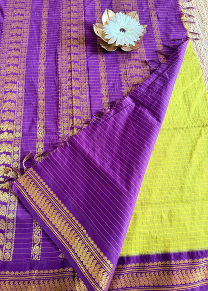 Lemon Green and Violet Kalyani Cotton Silk Saree- TN