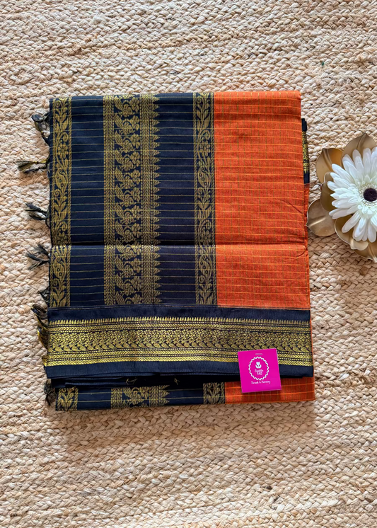 Orange and Black Kalyani Cotton Silk Saree- TN