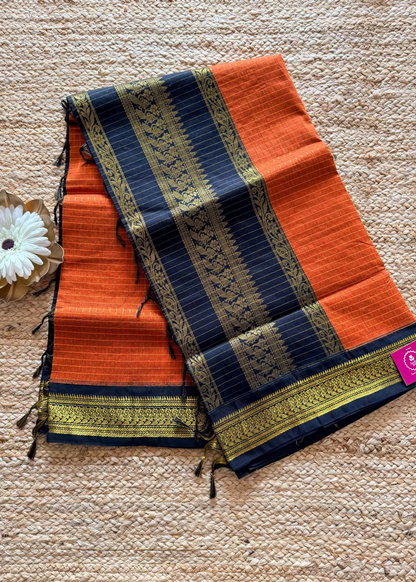 Orange and Black Kalyani Cotton Silk Saree- TN