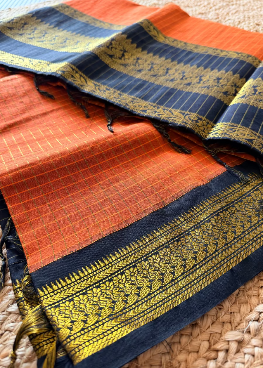 Orange and Black Kalyani Cotton Silk Saree- TN