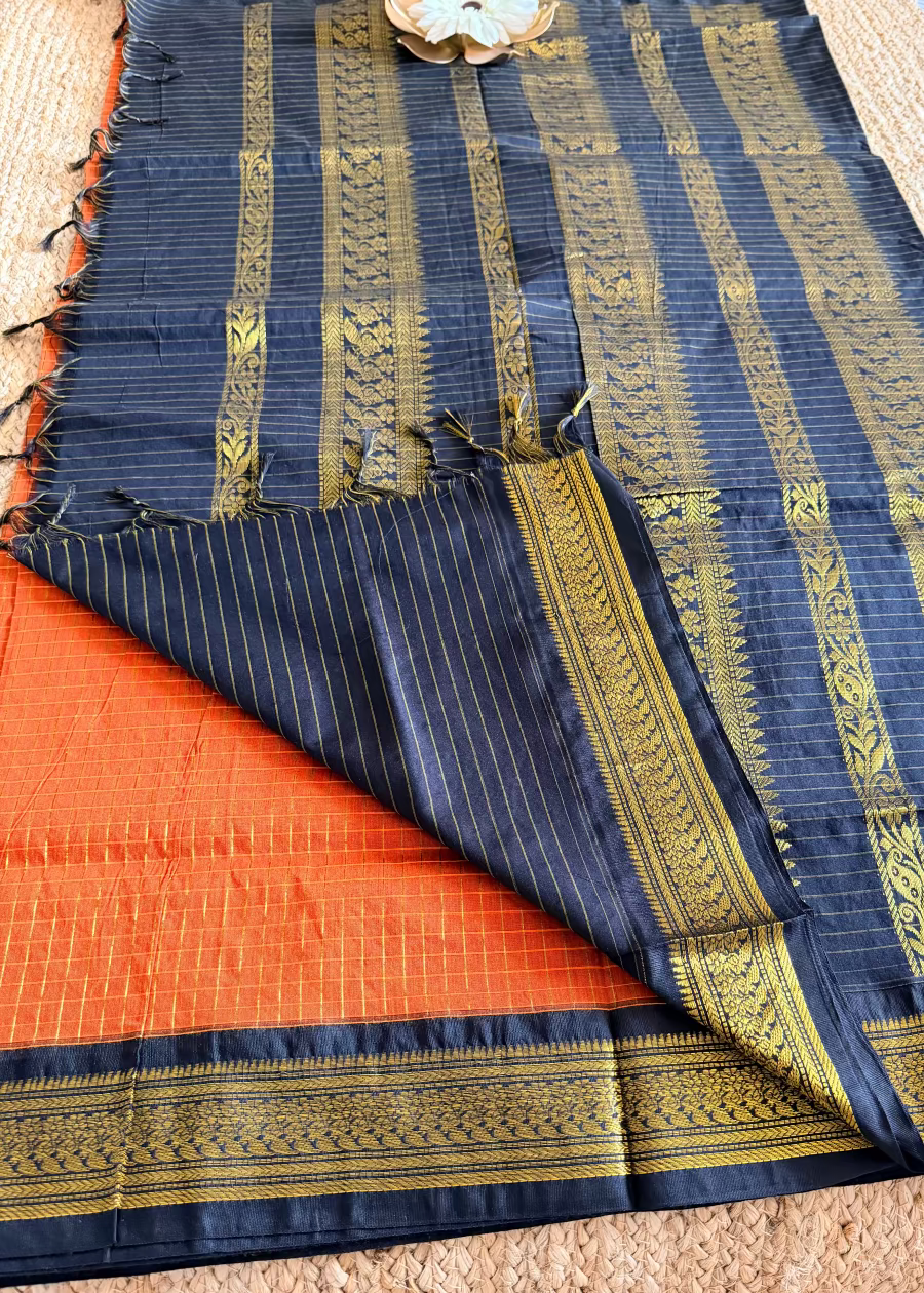 Orange and Black Kalyani Cotton Silk Saree- TN