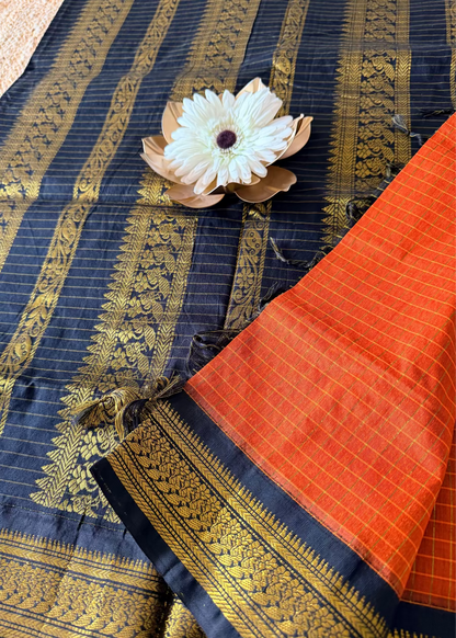 Orange and Black Kalyani Cotton Silk Saree- TN
