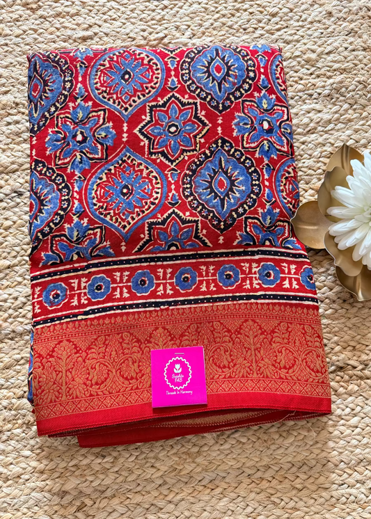 Chilly Red Ajrakh Dola Pure Silk Saree- Gujarat
