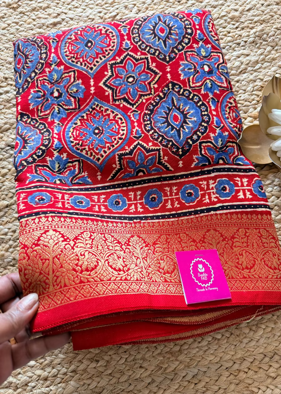 Chilly Red Ajrakh Dola Pure Silk Saree- Gujarat