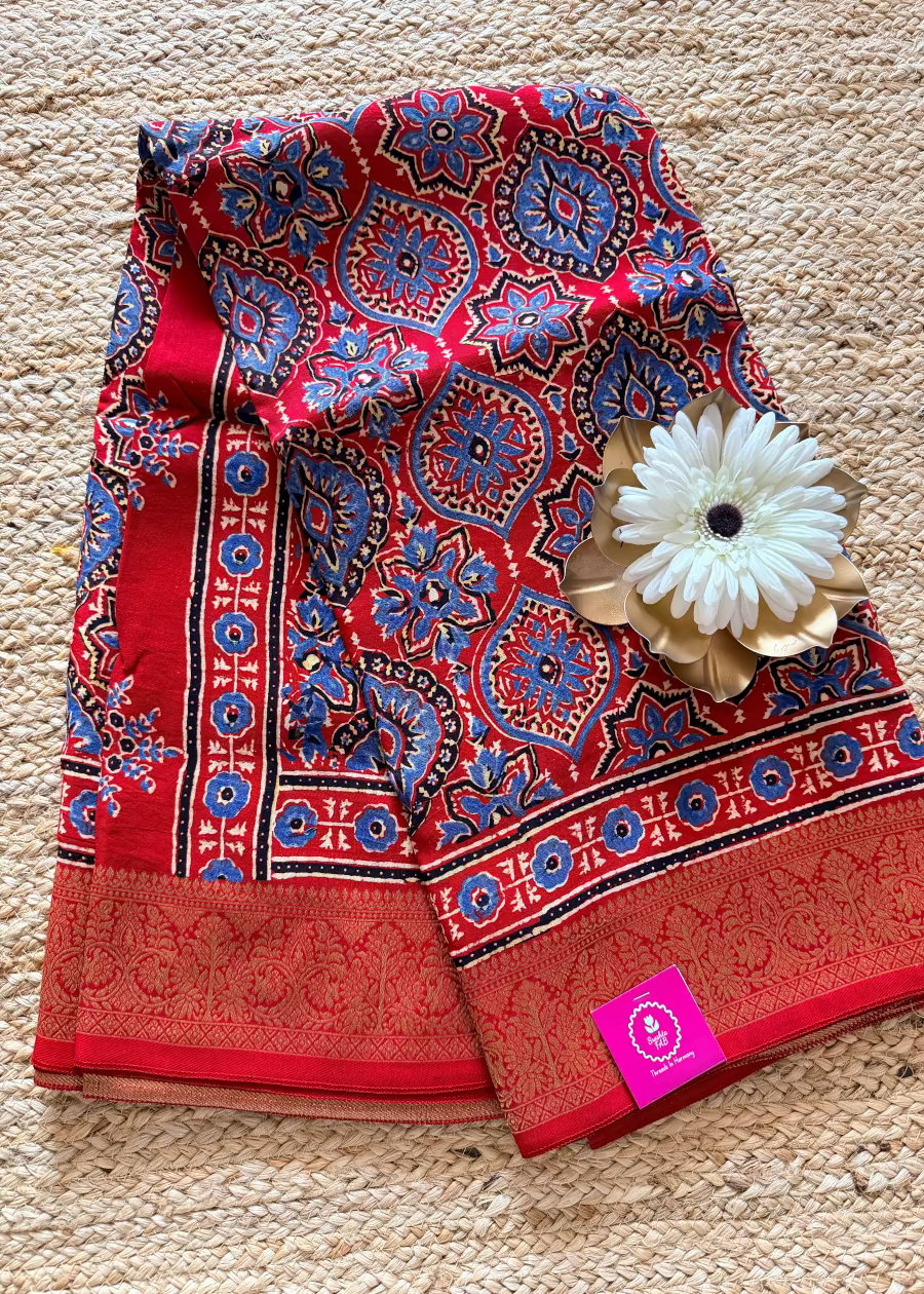 Chilly Red Ajrakh Dola Pure Silk Saree- Gujarat