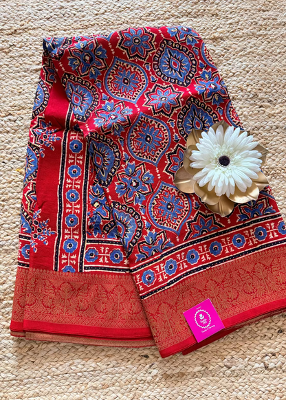 Chilly Red Ajrakh Dola Pure Silk Saree- Gujarat