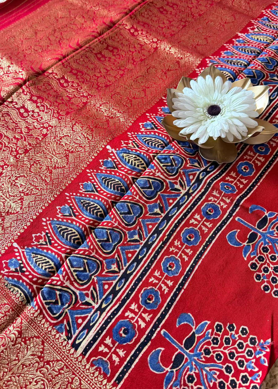 Chilly Red Ajrakh Dola Pure Silk Saree- Gujarat