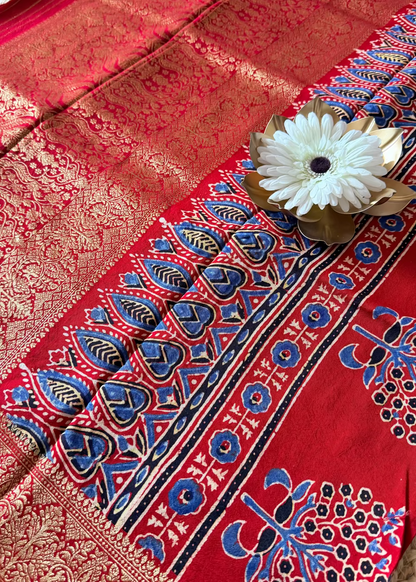 Chilly Red Ajrakh Dola Pure Silk Saree- Gujarat