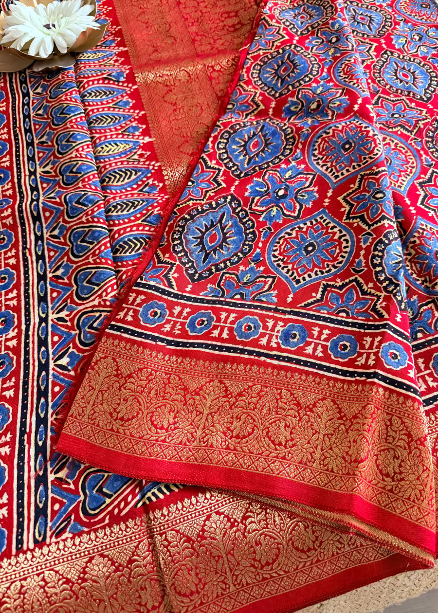 Chilly Red Ajrakh Dola Pure Silk Saree- Gujarat