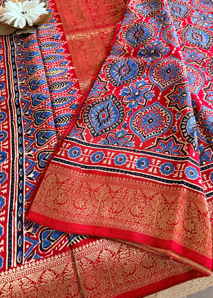 Chilly Red Ajrakh Dola Pure Silk Saree- Gujarat