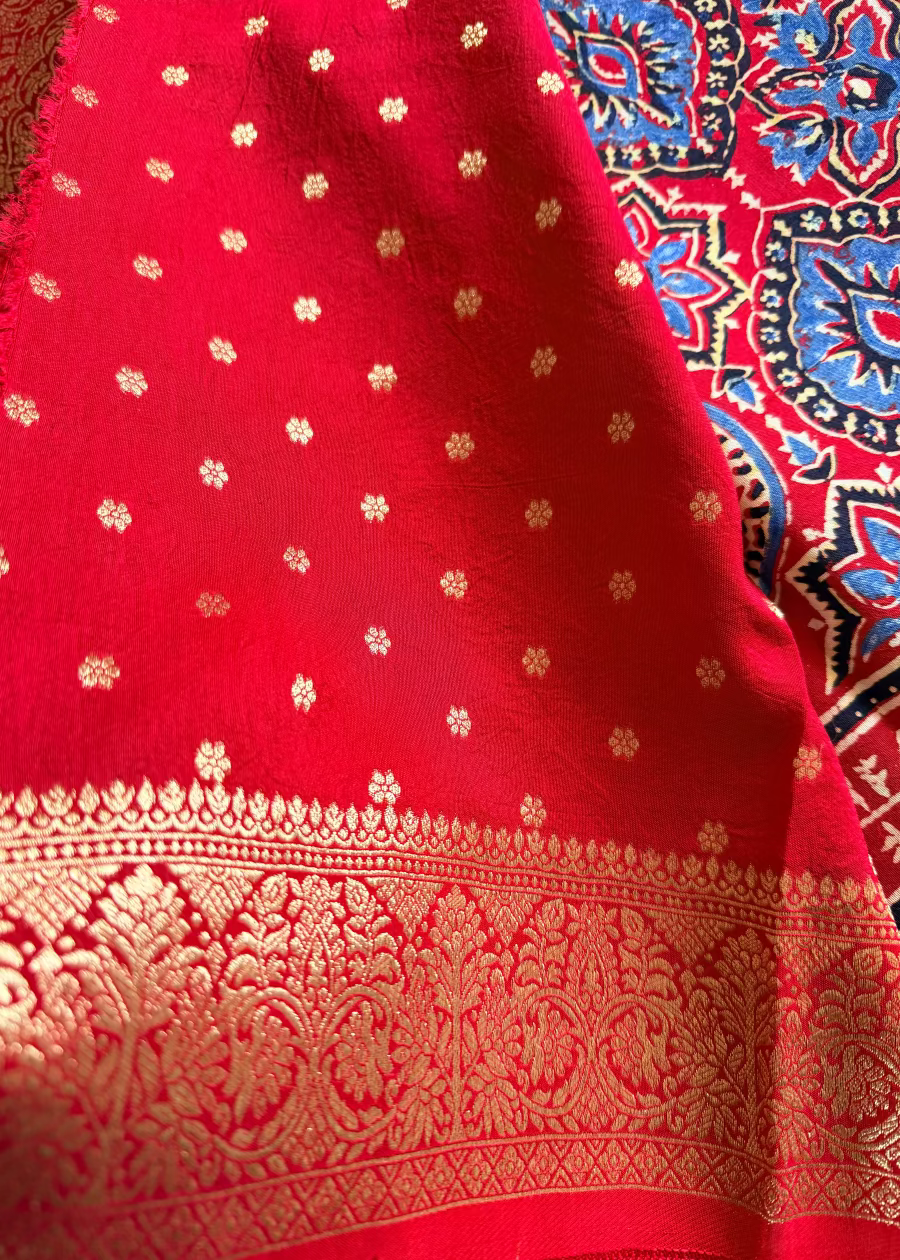 Chilly Red Ajrakh Dola Pure Silk Saree- Gujarat