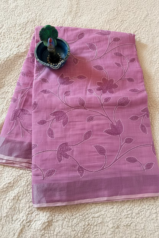 Pink Linen Cotton Saree With Kantha Work- Bengal