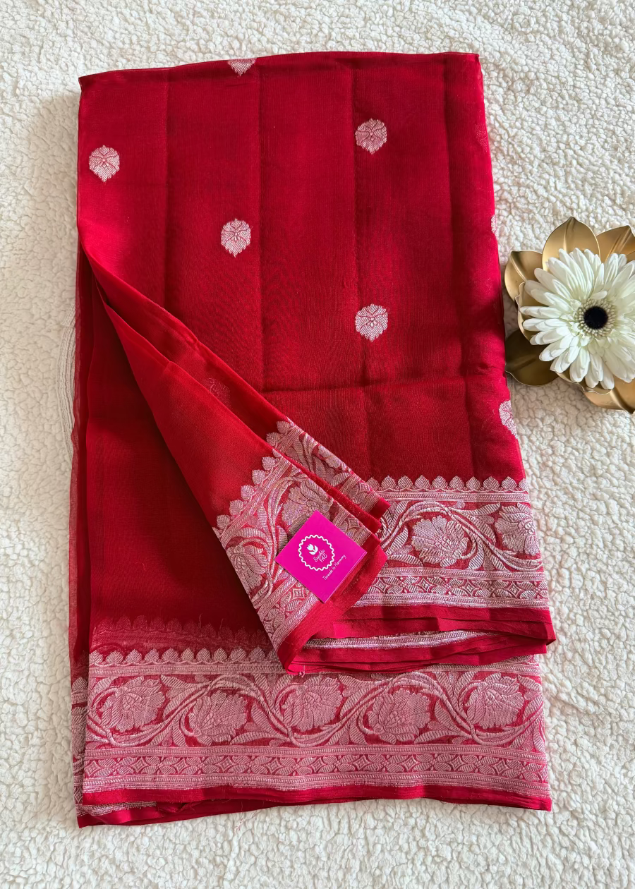 Blood Red Pure Khaddi Chiffon Silk Saree- Banaras