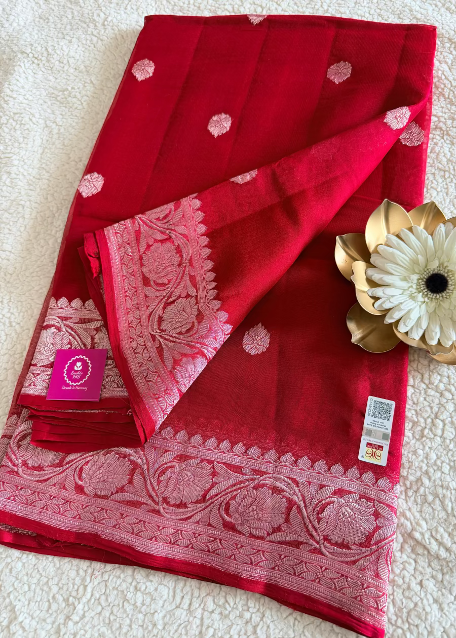 Blood Red Pure Khaddi Chiffon Silk Saree- Banaras