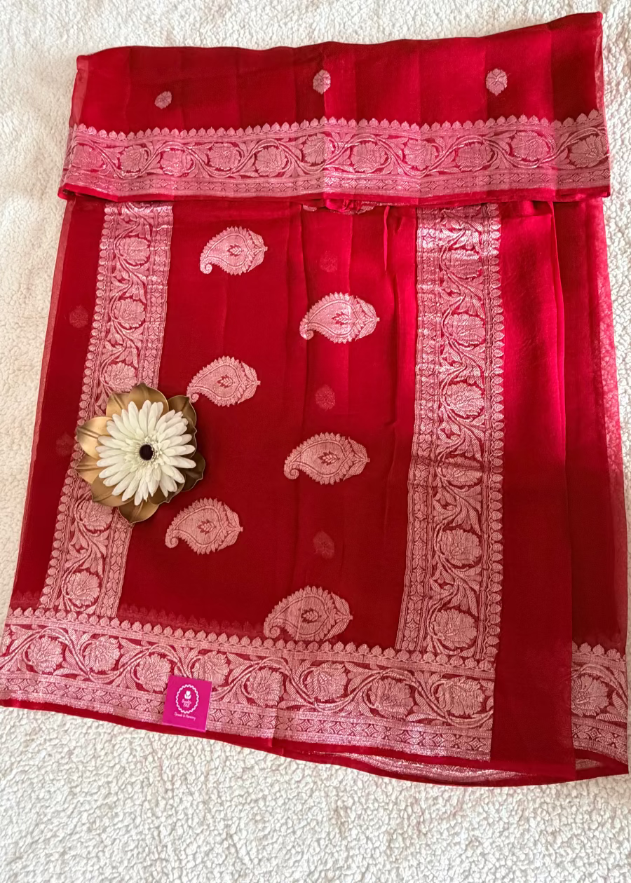Blood Red Pure Khaddi Chiffon Silk Saree- Banaras