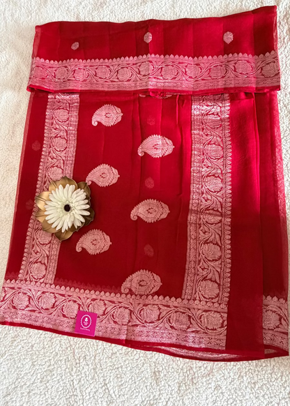 Blood Red Pure Khaddi Chiffon Silk Saree- Banaras