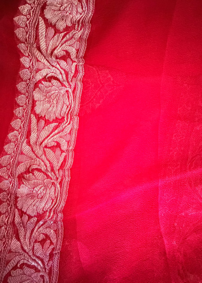 Blood Red Pure Khaddi Chiffon Silk Saree- Banaras