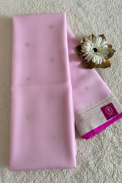 Baby Pink Pure Khaddi Chiffon Banarasi Silk- Banaras